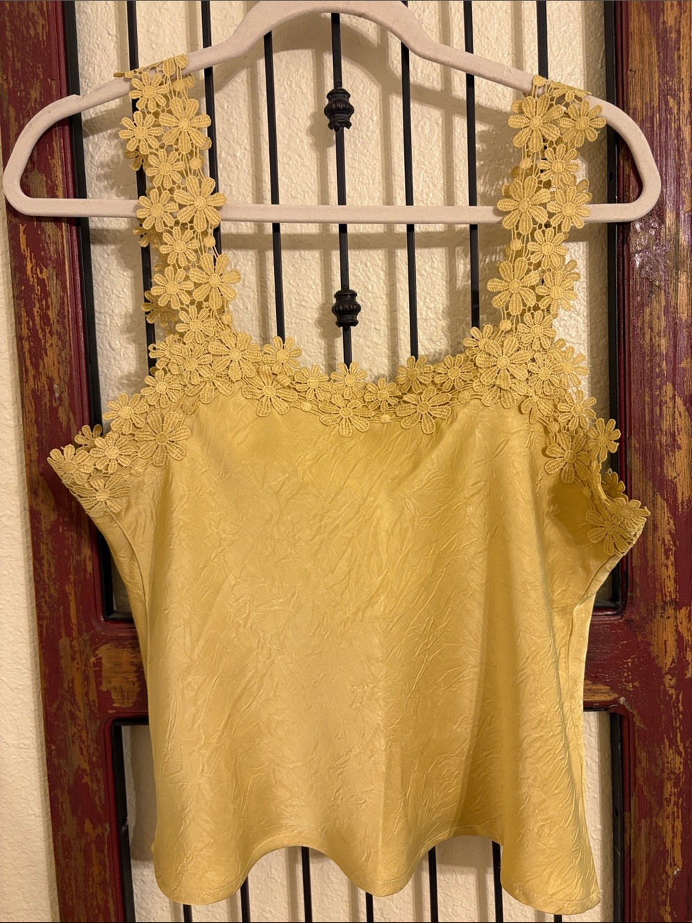 Blue Tassel Yellow Floral Lace Strap Satin Tank Top NWOT